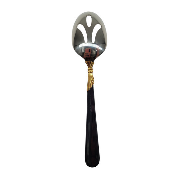 Yamazaki 18/8 Stainless LINDI Black Handle GOLD Accent Vintage Slotted Spoon 1-2 - Picture 3 of 7